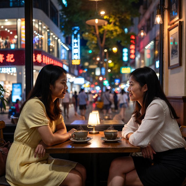 A cozy nighttime café scene featuring two young adult Chinese women seated at a table by a window. One wears a yellow dress, and the other, seated opposite her, wears a white blouse and black skirt. They are chatting warmly with each other, with two cups of coffee on the table. Outside the window, a lively shopping street glows with evening lights, creating a relaxed, intimate, and cinematic atmosphere. — ImagineArt 1.5 Pro