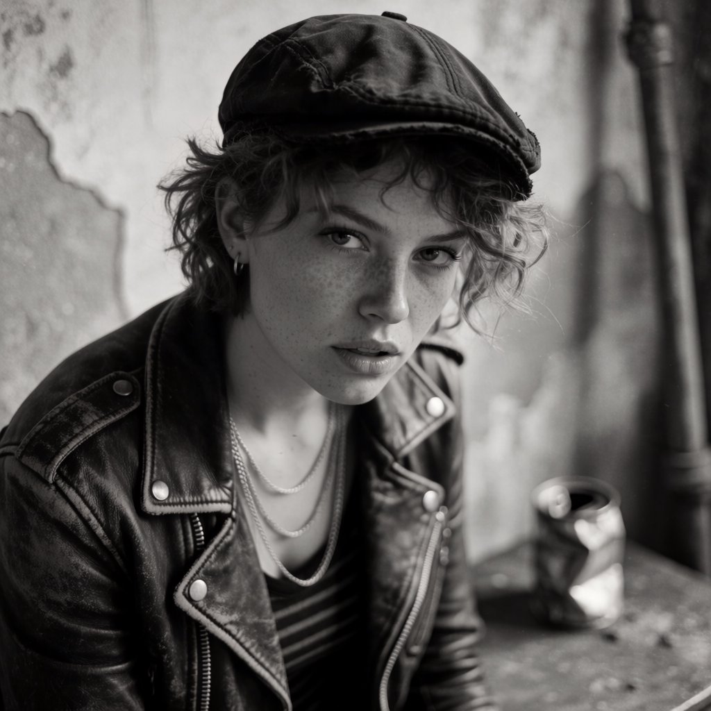 A monochrome, grainy, photorealistic medium close-up shot from a high angle: a young woman with messy, short curls, fair, freckled skin, and an intense, direct gaze into the camera. She is wearing a faded, worn-in black flat cap, a distressed vintage leather jacket over a dark undershirt, several thin silver chains, and a small hoop earring. Soft, diffused side lighting from the left casts gentle shadows across her face. In the background, a weathered wall with peeling plaster. Shallow depth of field, a moody, gritty film aesthetic, and sharp focus on the subject's eyes. — Krea 2 Medium