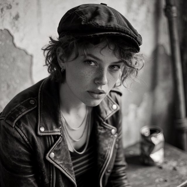 A monochrome, grainy, photorealistic medium close-up shot from a high angle: a young woman with messy, short curls, fair, freckled skin, and an intense, direct gaze into the camera. She is wearing a faded, worn-in black flat cap, a distressed vintage leather jacket over a dark undershirt, several thin silver chains, and a small hoop earring. Soft, diffused side lighting from the left casts gentle shadows across her face. In the background, a weathered wall with peeling plaster. Shallow depth of field, a moody, gritty film aesthetic, and sharp focus on the subject's eyes. — Krea 2 Medium