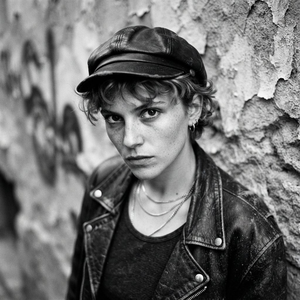 A monochrome, grainy, photorealistic medium close-up shot from a high angle: a young woman with messy, short curls, fair, freckled skin, and an intense, direct gaze into the camera. She is wearing a faded, worn-in black flat cap, a distressed vintage leather jacket over a dark undershirt, several thin silver chains, and a small hoop earring. Soft, diffused side lighting from the left casts gentle shadows across her face. In the background, a weathered wall with peeling plaster. Shallow depth of field, a moody, gritty film aesthetic, and sharp focus on the subject's eyes. — Nano Banana 2 Lite