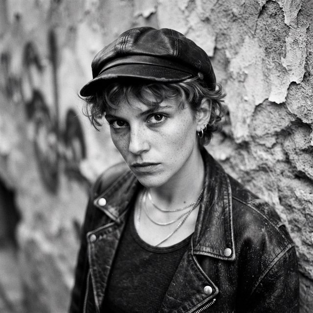 A monochrome, grainy, photorealistic medium close-up shot from a high angle: a young woman with messy, short curls, fair, freckled skin, and an intense, direct gaze into the camera. She is wearing a faded, worn-in black flat cap, a distressed vintage leather jacket over a dark undershirt, several thin silver chains, and a small hoop earring. Soft, diffused side lighting from the left casts gentle shadows across her face. In the background, a weathered wall with peeling plaster. Shallow depth of field, a moody, gritty film aesthetic, and sharp focus on the subject's eyes. — Nano Banana 2 Lite