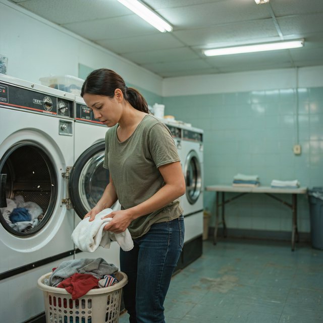 Candid documentary photograph of an adult sorting laundry in a neighborhood laundromat, cool fluorescent light, 35mm lens with moderate depth of field, lint specks floating near a tumbling dryer door. — Ideogram v4.5