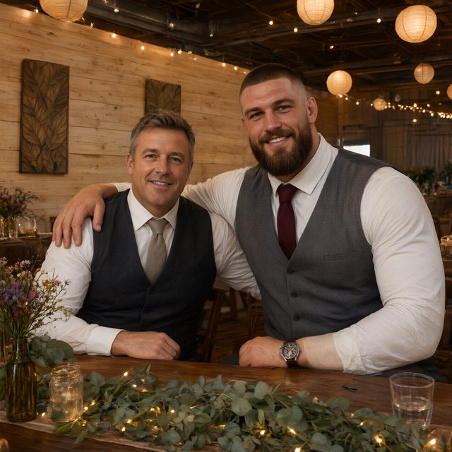 (Character1: rugby player body type, tall, brunet male, age 30, buzzcut hair and neatly groomed matching beard). Medium eye-level shot, photorealistic, two men seated at a wooden banquet table: the left middle-aged man wears a white dress shirt, charcoal waistcoat, and taupe tie, with his right arm on the table; the right man, Character1, smiles directly at the camera, wearing a white dress shirt, grey waistcoat, maroon tie, and a watch on his left wrist, with his left arm draped over the first man's shoulder. In the foreground: a table runner with eucalyptus sprigs, small fairy lights, a bottle holding flowers, a glass jar, and a water glass. Background: an exposed light horizontal wood plank wall with two decorative leaf panels, an exposed industrial ceiling with hanging paper lanterns, and fairy string lights. Warm, soft ambient overhead event lighting, natural indoor venue atmosphere, shallow depth of field. Art style: dramatic painterly realism with realistic skin texture, strong chiaroscuro, slightly gritty textured brushwork, fantasy illustration mood. — Qwen Image 3.0