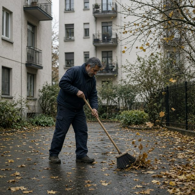 Candid documentary photograph of an adult groundskeeper sweeping damp leaves from an apartment courtyard, pale overcast morning light, 35mm lens with moderate depth of field, a few leaves caught midair in motion blur. — Grok Imagine Image 2
