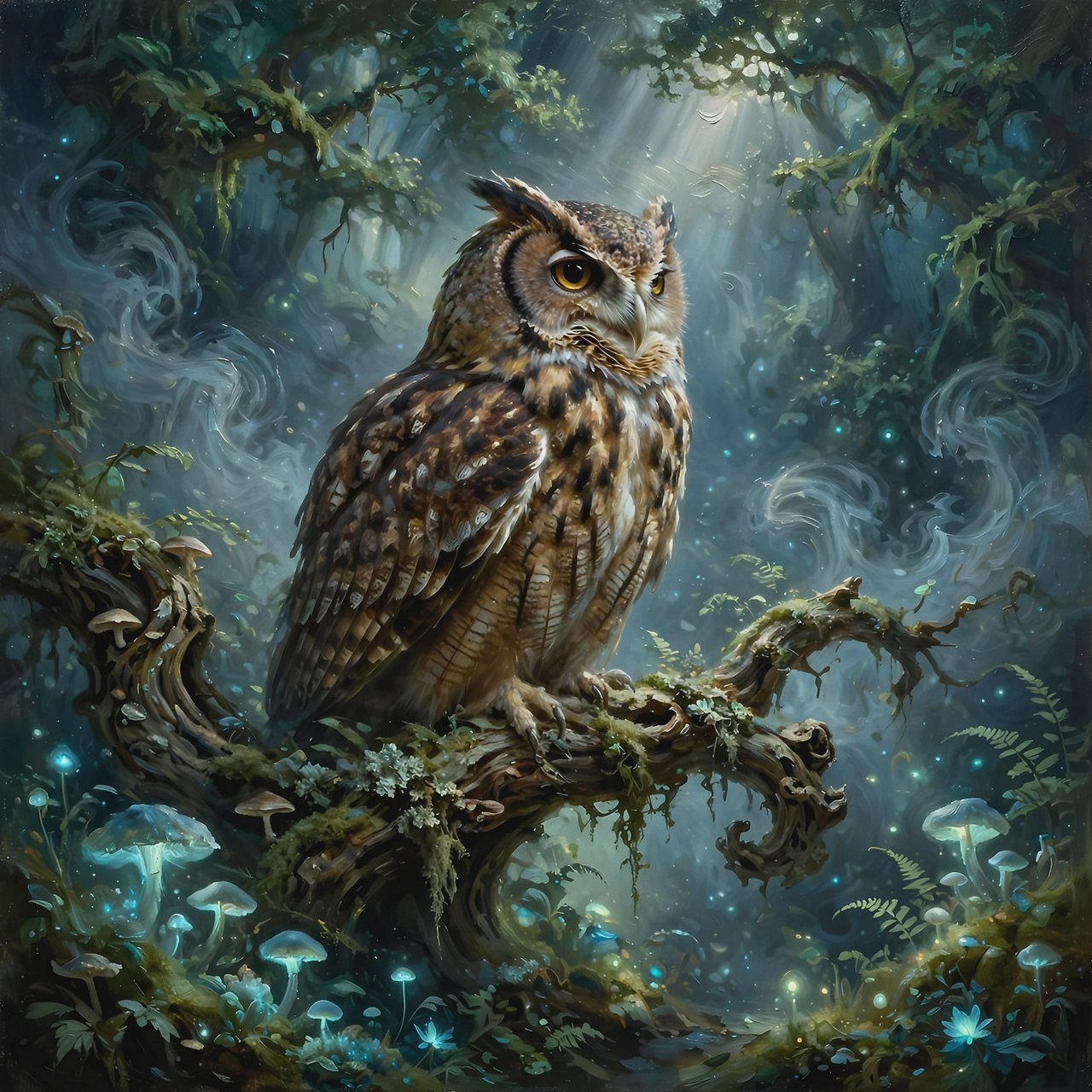 A majestic owl with ancient, knowing eyes perched on a gnarled branch within an ethereal forest. Moonlight filters through the dense canopy, illuminating swirling mists and glowing flora. The scene evokes a sense of deep mystery and ancient magic. Rendered in the style of magical realism with rich oil painting textures. — Muse Image 1.0