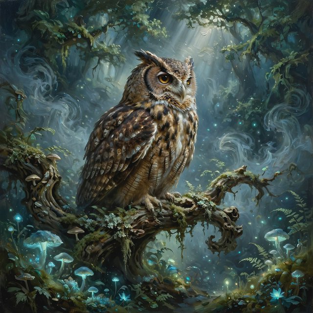 A majestic owl with ancient, knowing eyes perched on a gnarled branch within an ethereal forest. Moonlight filters through the dense canopy, illuminating swirling mists and glowing flora. The scene evokes a sense of deep mystery and ancient magic. Rendered in the style of magical realism with rich oil painting textures. — Muse Image 1.0