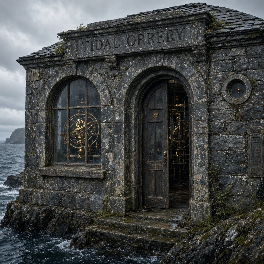 A weathered coastal observatory overlooks dark water, its brass instruments visible through arched windows; "TIDAL ORRERY" is carved into a slate lintel above the entrance, salt spray softening the deep engraved grooves. — Grok Imagine Image 2