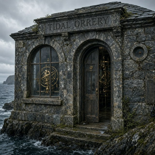 A weathered coastal observatory overlooks dark water, its brass instruments visible through arched windows; "TIDAL ORRERY" is carved into a slate lintel above the entrance, salt spray softening the deep engraved grooves. — Grok Imagine Image 2