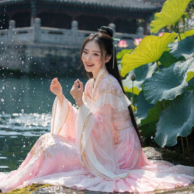 Cinematic shot, a breathtakingly stunning adult Chinese woman from ancient times playing joyfully by a crystal-clear lotus pond, mid-summer afternoon. She is wearing an exquisite, flowing silk Hanfu dress in pastel pink and white with intricate gold embroidery. Her face is porcelain-smooth, with delicate makeup, long black hair elegantly styled with jade hairpins, and a radiant, charming smile. Water droplets frozen in mid-air, sunlight filtering through lush green lotus leaves, creating dappled light on her skin. Shallow depth of field, bokeh background of traditional Chinese architecture, hyper-realistic, soft natural lighting, serene yet playful atmosphere. — Recraft v4