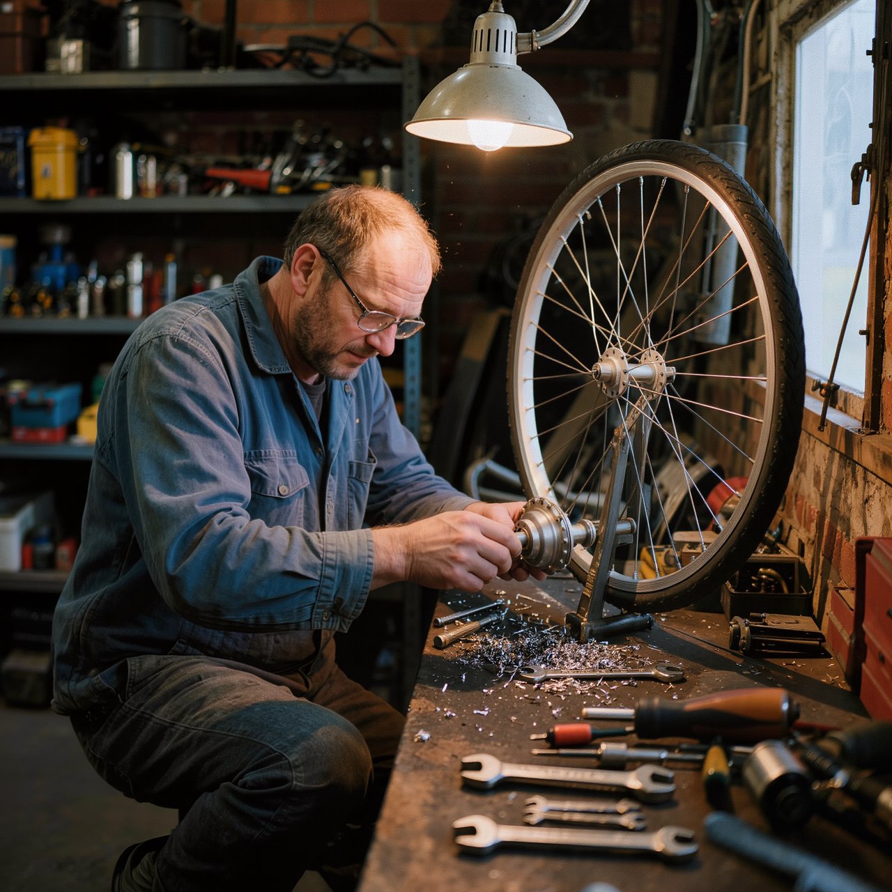 Candid documentary photograph of an adult bicycle mechanic tightening a wheel in a modest repair shop, cool window light mixing with a warm work lamp, 35mm lens with moderate depth of field, fine metal filings caught on the workbench. — Kling v3