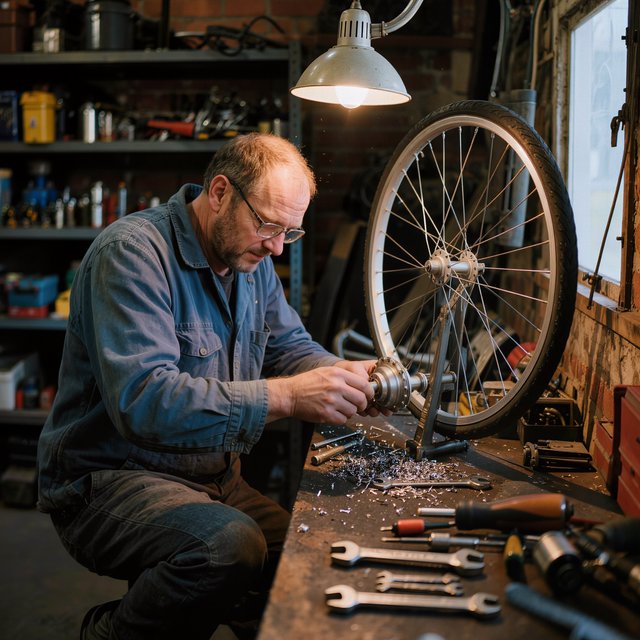Candid documentary photograph of an adult bicycle mechanic tightening a wheel in a modest repair shop, cool window light mixing with a warm work lamp, 35mm lens with moderate depth of field, fine metal filings caught on the workbench. — Kling v3