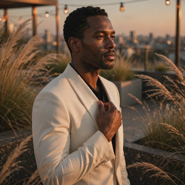 Under the copper glow of a rooftop terrace, an adult Black man in a tailored cream dinner suit is caught smoothing his lapel as evening breeze stirs nearby grasses; calm poise, sculpted shadows and refined fashion-magazine polish. — Muse Image 1.0