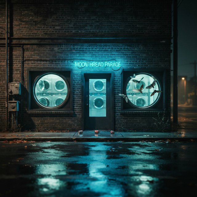 At midnight, moths circle the laundromat’s glowing round windows while chrome washing machines gleam inside; “MOONTHREAD PARADE” shines in icy blue neon above the entrance, reflected across the wet pavement, with no other lettering visible. — Ideogram v4