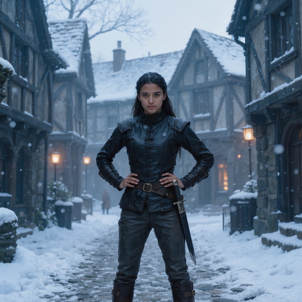 An eighteen-year-old woman. She has long straight black hair tied up, brown eyes, and dark skin. She is wearing a dark leather tunic, grey leather pants, and leather boots. She has a sheathed dagger on her hip, standing with her hands on her hips and looking at the viewer. She is standing in a snowy medieval city. — Kling v3 Omni