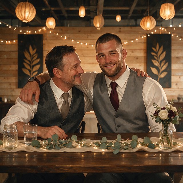 (Character1: rugby player body type, tall, brunet male, age 30, buzzcut hair and neatly groomed matching beard). Medium eye-level shot, photorealistic, two men seated at a wooden banquet table: the left middle-aged man wears a white dress shirt, charcoal waistcoat, and taupe tie, with his right arm on the table; the right man, Character1, smiles directly at the camera, wearing a white dress shirt, grey waistcoat, maroon tie, and a watch on his left wrist, with his left arm draped over the first man's shoulder. In the foreground: a table runner with eucalyptus sprigs, small fairy lights, a bottle holding flowers, a glass jar, and a water glass. Background: an exposed light horizontal wood plank wall with two decorative leaf panels, an exposed industrial ceiling with hanging paper lanterns, and fairy string lights. Warm, soft ambient overhead event lighting, natural indoor venue atmosphere, shallow depth of field. Art style: dramatic painterly realism with realistic skin texture, strong chiaroscuro, slightly gritty textured brushwork, fantasy illustration mood. — Seedream 5.0 Pro