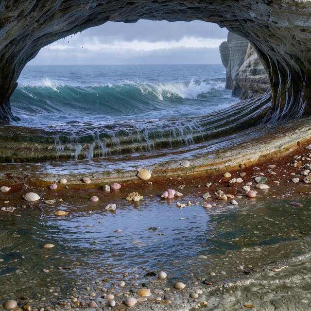 Inside a blue-grey sea cave, incoming swells curl over ribbed limestone beneath a clearing rain squall in late afternoon; wet mineral bands and shell fragments sharpen the entrance ledge, while the cavern mouth frames hazy open water. — FLUX 3 Image Klein