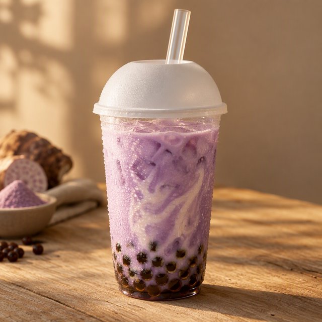 Photorealistic product shot of iced taro bubble tea in a clear frosted plastic cup, condensation beading down curved sides, wide clear straw piercing matte white domed lid. Plump dark brown tapioca pearls settled at the base, swirled creamy purple tea with soft marbled cream streaks, fine ice crystals glinting inside. Resting on weathered light oak table, soft golden hour side lighting casting gentle long shadows, warm neutral beige background. Shallow depth of field, sharp focus on glass texture and pearl details, professional food photography aesthetic, soft moody warm colour palette with rich lavender and caramel tones. — GPT Image 2.5 Flare