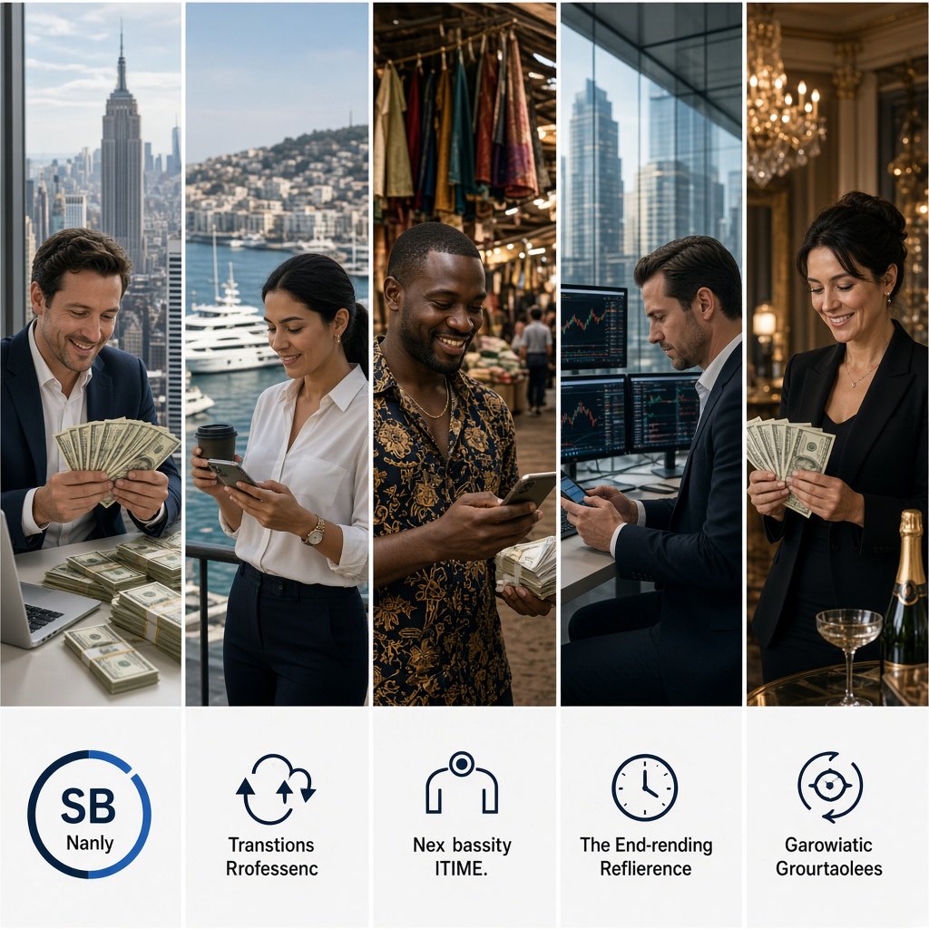An image about people making a lot of money around the world, shown in 4–6 scenes. Realistic image. — Grok Imagine Image 2