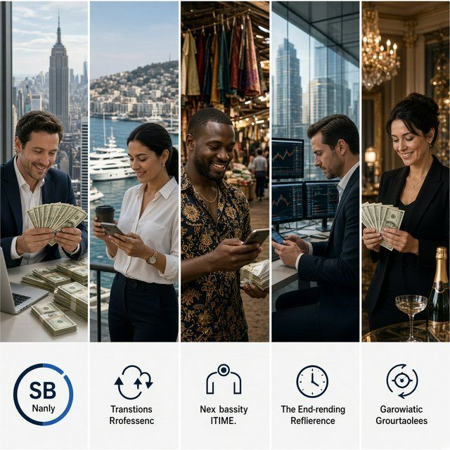 An image about people making a lot of money around the world, shown in 4–6 scenes. Realistic image. — Grok Imagine Image 2