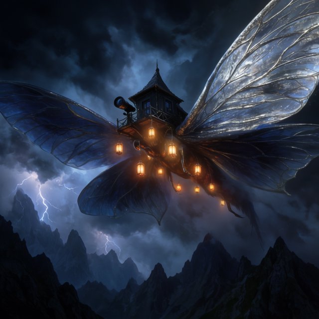 A colossal moon-moth creature glides above a stormy mountain range, its translucent wings glowing with silver veins and carrying a ruined observatory on its back. Lightning silhouettes distant peaks while amber lanterns shimmer through rain and cloud. — Krea 2 Large