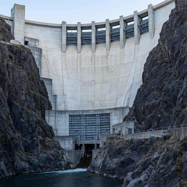 A broad hydroelectric dam in contemporary Brutalist engineering style spans a rocky gorge, its pale concrete face anchored by dark basalt abutments and steel gates; cool dawn light, viewed from downstream, with convincing load-bearing geometry. — Model 18
