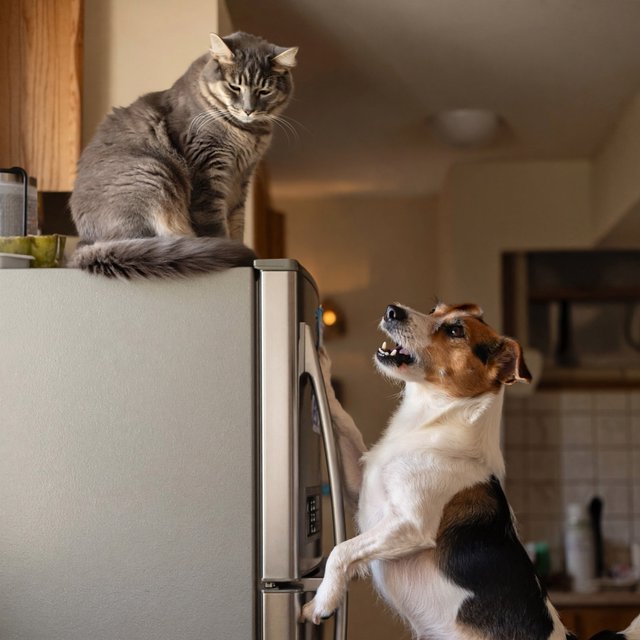A cat sits on the top of a refrigerator calmly looking down at a barking dog. The dog is on his hind legs leaning on the fridge barking at the cat. — ImagineArt 2
