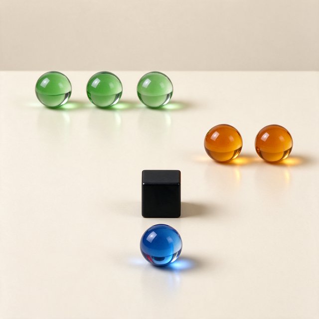 Exactly six glass marbles sit on a cream tabletop: three green marbles in a row on the left, two amber marbles in a row on the right, and one blue marble centered between the rows. A black cube sits above the blue marble, nothing else. — Seedream 5.0 Flash
