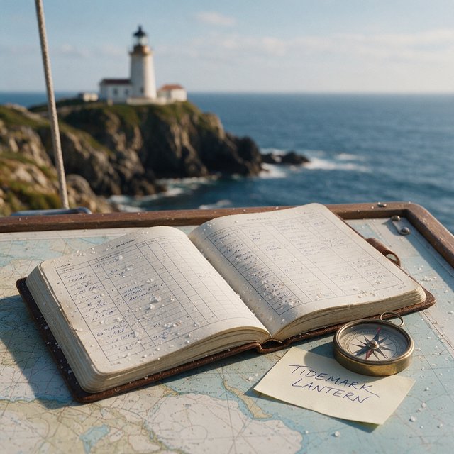 Beside a cliffside lighthouse, a salt-speckled logbook lies open on a chart table; "TIDEMARK LANTERN" is handwritten in looping dark-blue ink across a cream note tucked beneath the compass, with no other legible writing. — Seedream 5.0 Pro