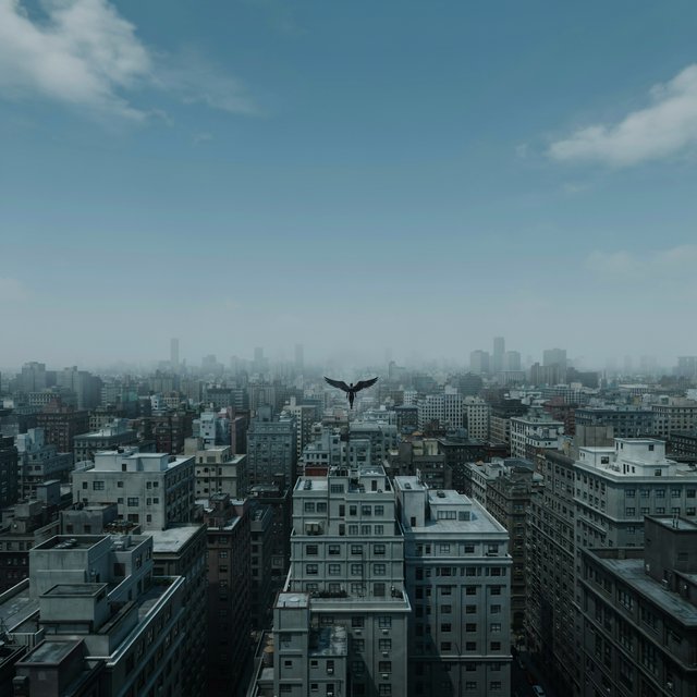 Clean cel-shaded painted cityscape, wide high-angle elevated rooftop level shot looking out over dense modern downtown office buildings, small dark winged figure hovering above central midground rooftops, pale overcast deep blue sky with wispy white clouds, diffused even daylight lighting with soft subtle ambient shadows, muted cool grey, beige, blue building facades with uniform office windows, flat concrete building rooftops, receding hazy distant city skyline with atmospheric perspective, eye level relative to building tops, no outlines, smooth flat color rendering, no grain. — Ideogram v4.5