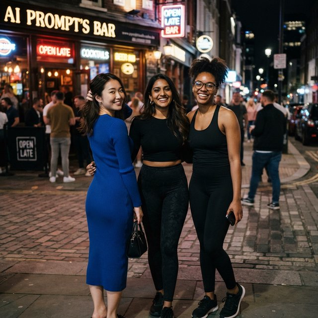Photorealistic image, late at night. The image shows a pretty 21-year-old Japanese woman wearing a blue dress that fits her body. Next to her is a pretty 24-year-old Indian woman wearing a crop top and leggings that fit her. Another is a pretty Black woman, age 23–27, wearing gym wear and glasses. They are having a group photo in front of a bar called “AI Prompt’s Bar.” The image shows full front, back, and side views of the women. Vibe: busy friends who finally made time to hang out. — Nano Banana 2 Lite