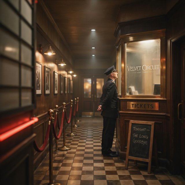 A narrow neighborhood cinema lobby glows with amber sconces, velvet ropes, and framed film stills; "VELVET CIRCUIT" is etched in elegant silver lettering across the frosted glass ticket-booth window. — Ideogram v4
