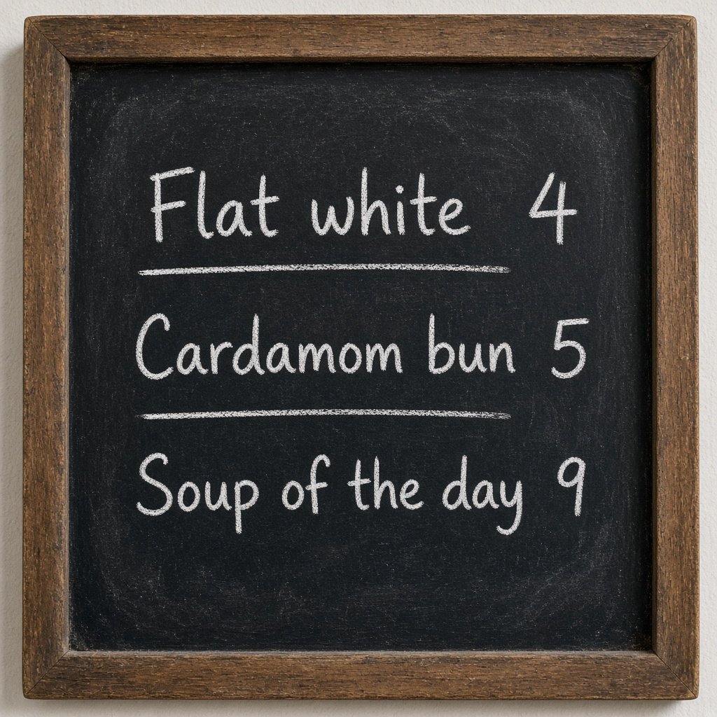 A café chalkboard listing exactly three items: "Flat white 4", "Cardamom bun 5", "Soup of the day 9", in neat chalk handwriting. — Grok Imagine Image 2