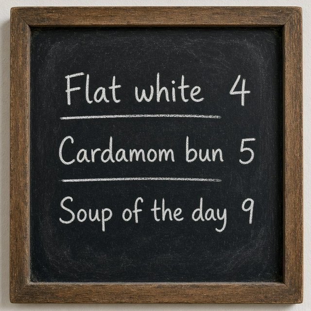 A café chalkboard listing exactly three items: "Flat white 4", "Cardamom bun 5", "Soup of the day 9", in neat chalk handwriting. — Grok Imagine Image 2