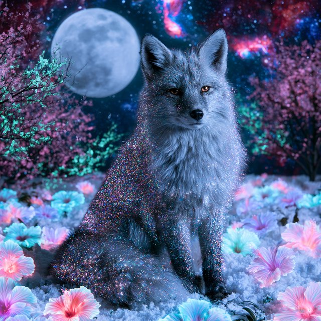 A fantasy still photography image of a majestic silver and gold fox, its fur coat features a breathtaking fiber-optic rainbow-glitter that shimmers with dense prismatic sparkles shifting vibrantly under the ethereal moonlight, the fox features deep silver undertones across its thick coat and is perched proudly in a front-facing posture, its fur is intricately adorned with embedded polished peridot and shimmering onyx that catch the glowing light, it is walking in an enchanted snow filled landscape filled with multicolored bioluminescent hibiscus flowers blooming in radiant neon shades and blooming pink bioluminescent trees with glowing green blossoms, the background features a dramatic full moon and a vibrant multicolored starry sky filled with multicolored swirling galaxy, a soft ethereal glow illuminates the fox's commanding silhouette, razor-sharp focus on its piercing golden eyes, magical realism style, fantasy art. — Midjourney V8.2