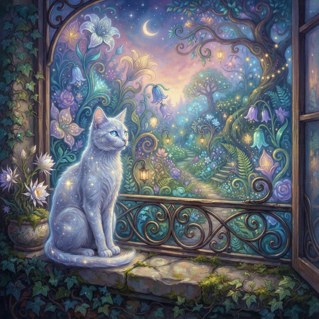 A whimsical cat with fur like spun moonlight sits on a windowsill overlooking a dreamlike garden. The garden is filled with oversized, fantastical flowers rendered in a soft, painterly style, with elements of Art Nouveau curves in the plant designs. The overall mood is serene and enchanting. — Nano Banana 2 Lite
