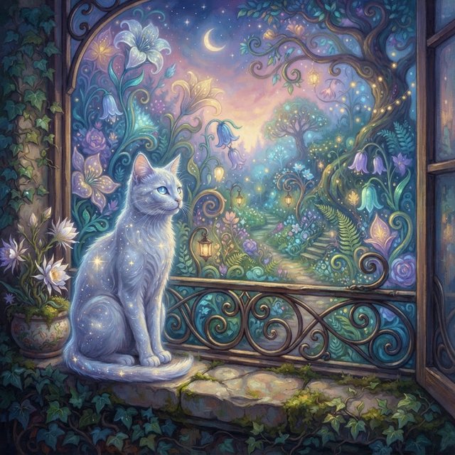 A whimsical cat with fur like spun moonlight sits on a windowsill overlooking a dreamlike garden. The garden is filled with oversized, fantastical flowers rendered in a soft, painterly style, with elements of Art Nouveau curves in the plant designs. The overall mood is serene and enchanting. — Model 16