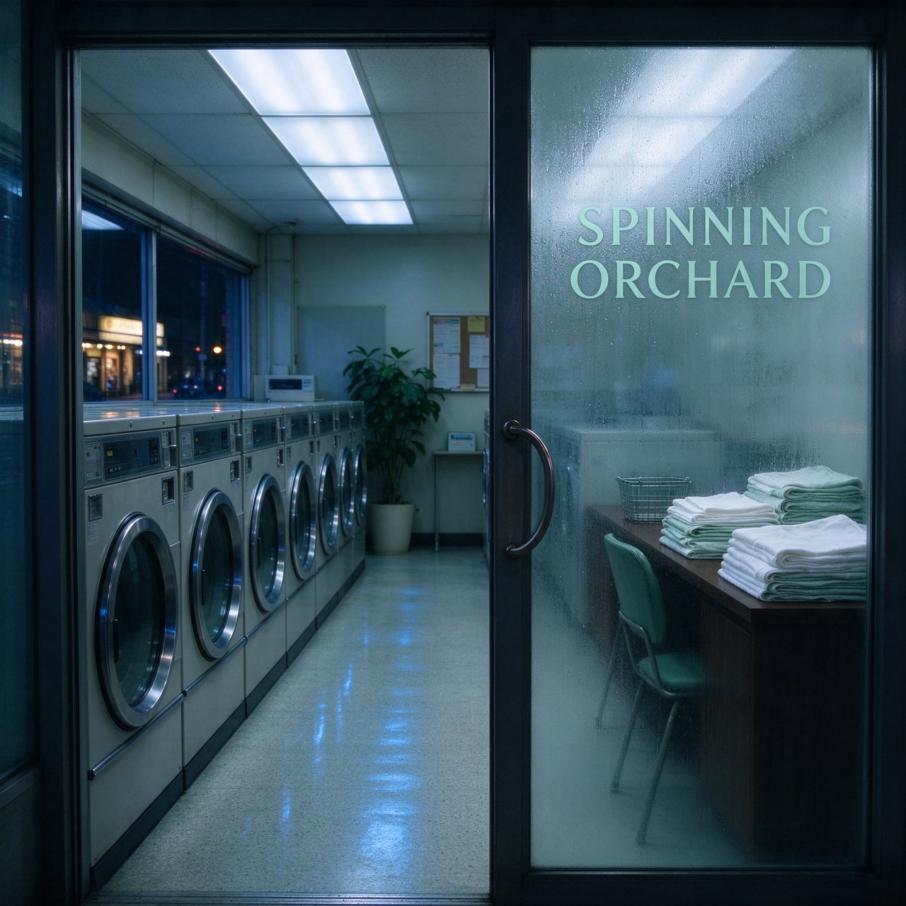 Inside a quiet neighborhood laundromat, chrome machines and folded linen glow beneath cool ceiling lights; "SPINNING ORCHARD" is printed in pale mint letters on the frosted glass entry door. — Seedream 5.0 Flash