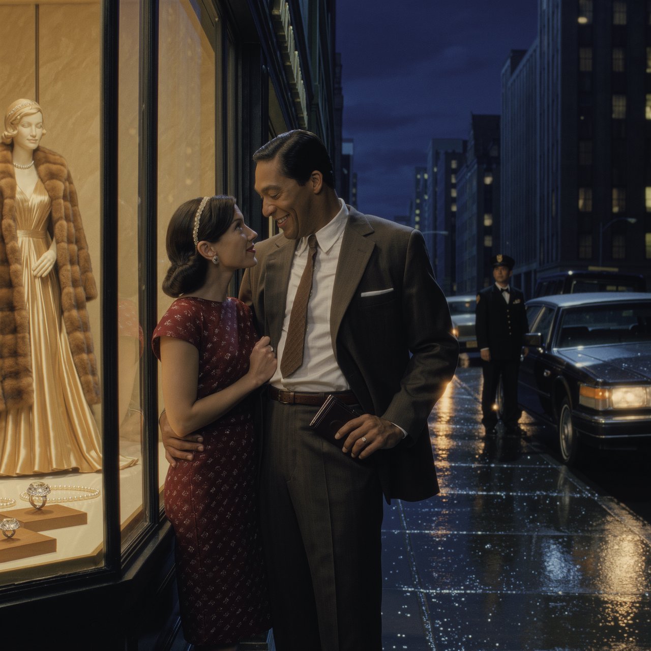Cinematic city scene at night, with the glamour of 1970s soul romance. In the foreground, a young Black man in a modest brown wide-lapel suit smiles at his adult beloved, playfully turning out his empty trouser pocket while holding an almost-empty wallet. His adult girlfriend wears a burgundy patterned dress and delicate hairband; she holds his arm and gazes at him lovingly, unconcerned by his lack of money. Beside them, a grand department-store window glows amber, displaying a luxurious fur coat, regal evening gown, diamond rings and strings of pearls. In the glass, their reflections appear elegantly dressed, hinting at the lavish life he dreams of giving her. A polished black limousine waits at the curb beside a uniformed chauffeur. Wet pavement mirrors golden lights; deep blue city buildings balance the amber, cream and burgundy palette. Warm, joyful, sincere mood; realistic faces and hands, detailed fabrics and reflections. No text, borders or collage. — Kling v3 Omni