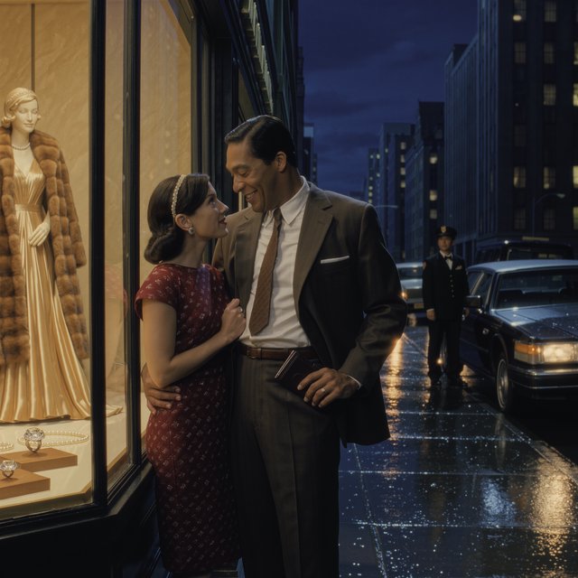 Cinematic city scene at night, with the glamour of 1970s soul romance. In the foreground, a young Black man in a modest brown wide-lapel suit smiles at his adult beloved, playfully turning out his empty trouser pocket while holding an almost-empty wallet. His adult girlfriend wears a burgundy patterned dress and delicate hairband; she holds his arm and gazes at him lovingly, unconcerned by his lack of money. Beside them, a grand department-store window glows amber, displaying a luxurious fur coat, regal evening gown, diamond rings and strings of pearls. In the glass, their reflections appear elegantly dressed, hinting at the lavish life he dreams of giving her. A polished black limousine waits at the curb beside a uniformed chauffeur. Wet pavement mirrors golden lights; deep blue city buildings balance the amber, cream and burgundy palette. Warm, joyful, sincere mood; realistic faces and hands, detailed fabrics and reflections. No text, borders or collage. — Kling v3 Omni