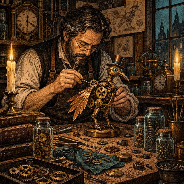 Engraved ink illustration of an adult clockmaker assembling a whimsical brass automaton in a candlelit workshop, with gears, springs, and glass jars surrounding the bench. Palette of charcoal, copper, teal, and honey yellow, with crisp crosshatching and warm shadows. — GPT Image 2.5 Flare