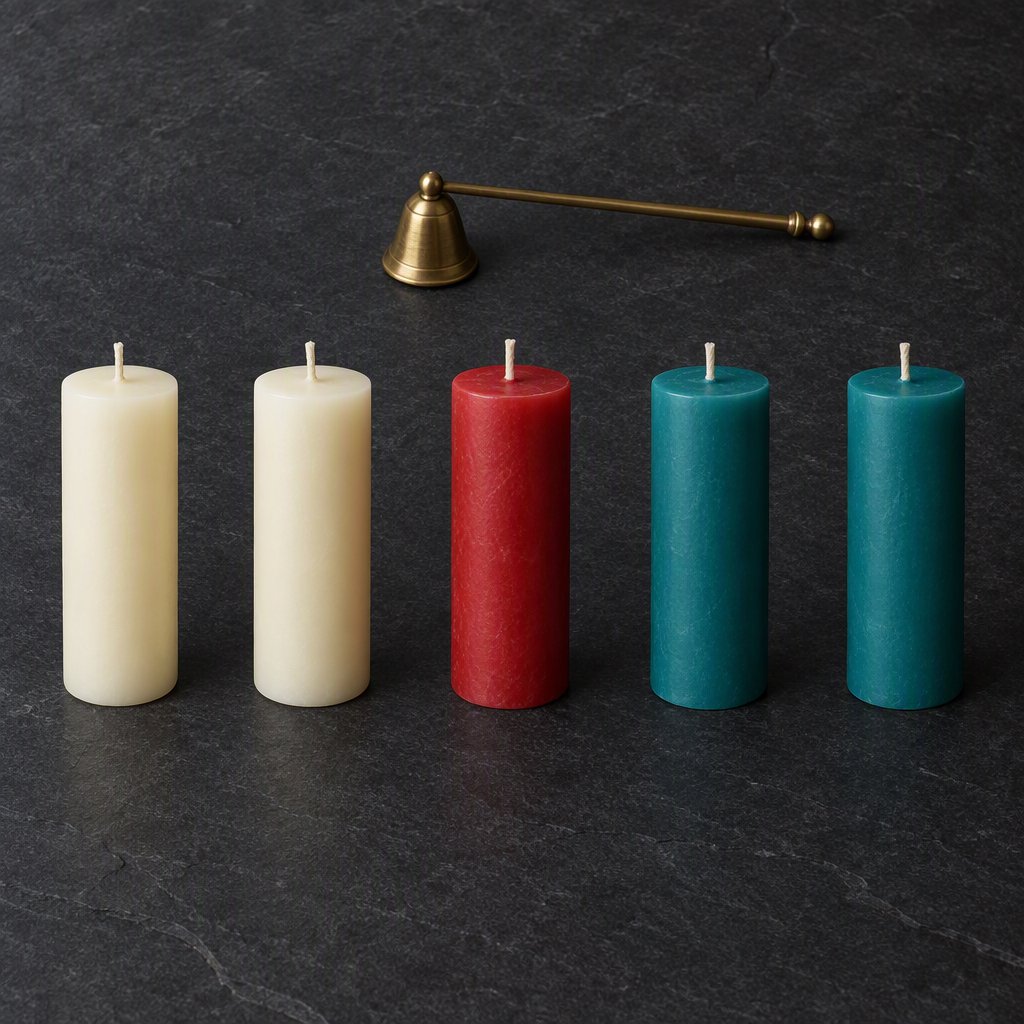 Exactly five candles stand on a dark slate tabletop: two ivory candles on the left, one red candle in the center, and two teal candles on the right. A brass snuffer sits above the red candle, nothing else. — GPT Image 2.5 Flare