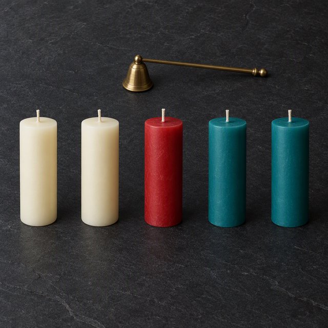 Exactly five candles stand on a dark slate tabletop: two ivory candles on the left, one red candle in the center, and two teal candles on the right. A brass snuffer sits above the red candle, nothing else. — GPT Image 2.5 Flare