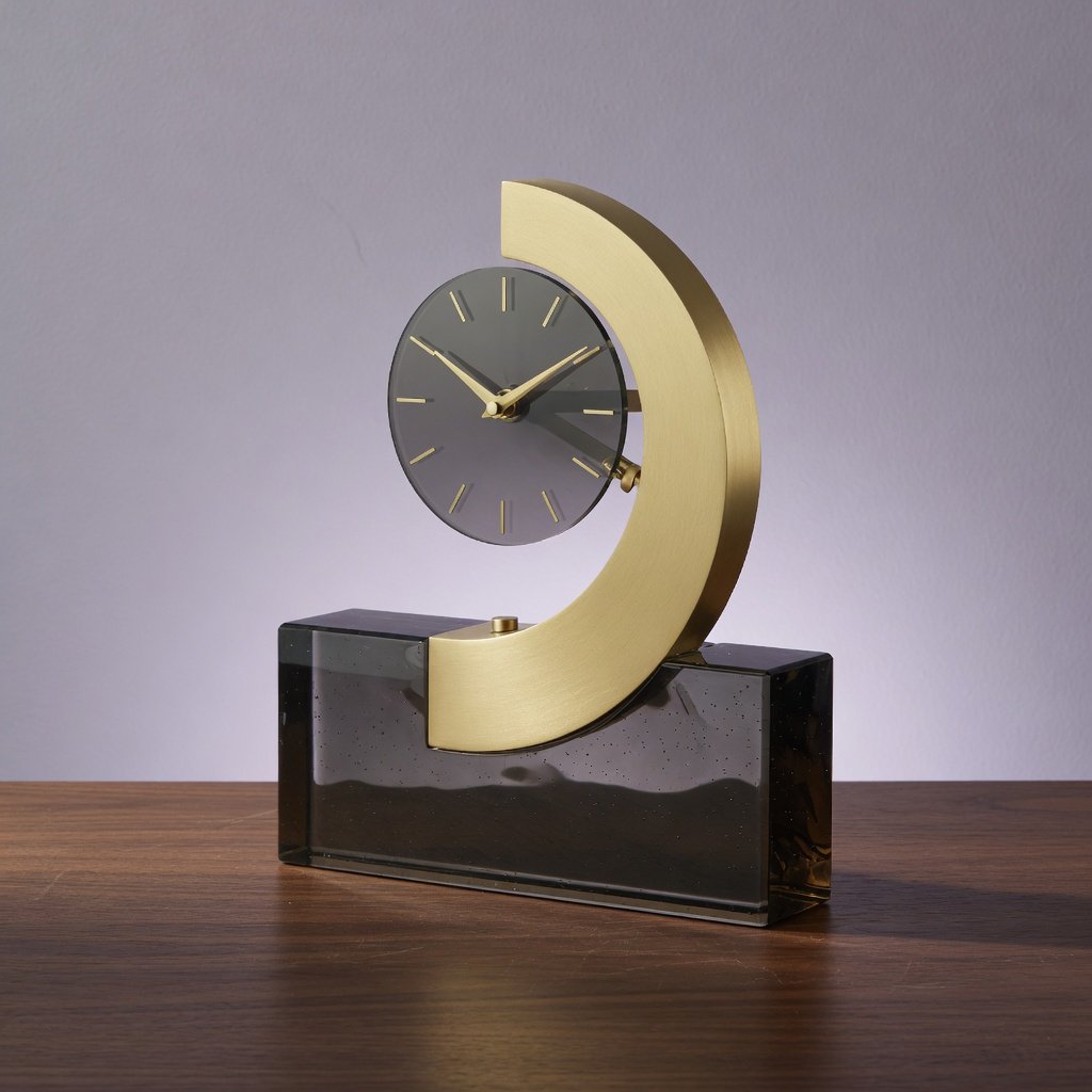 Commercial product photograph of an unbranded sculptural table clock made from satin brass and smoked glass, resting on a dark walnut surface against a muted lavender background, illuminated by a large diffused softbox from the upper left and a subtle rear rim light. — Grok Imagine Image Quality