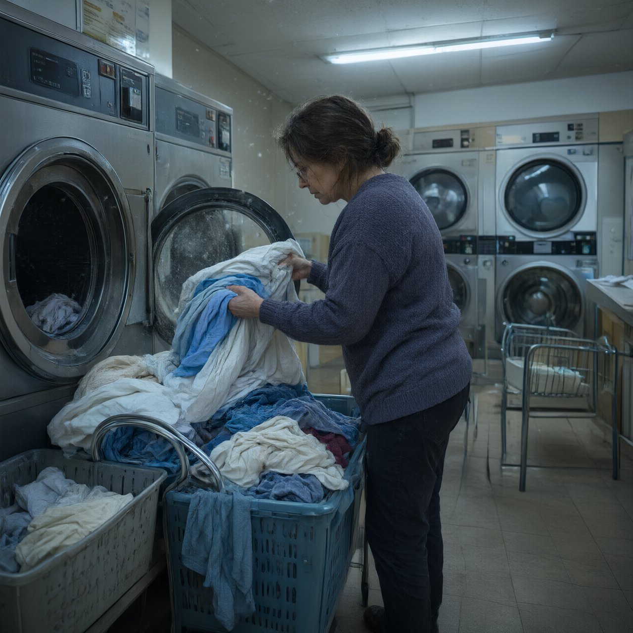 Candid documentary photograph of an adult sorting laundry in a neighborhood laundromat, cool fluorescent light, 35mm lens with moderate depth of field, lint specks floating near a tumbling dryer door. — Qwen Image 3.0