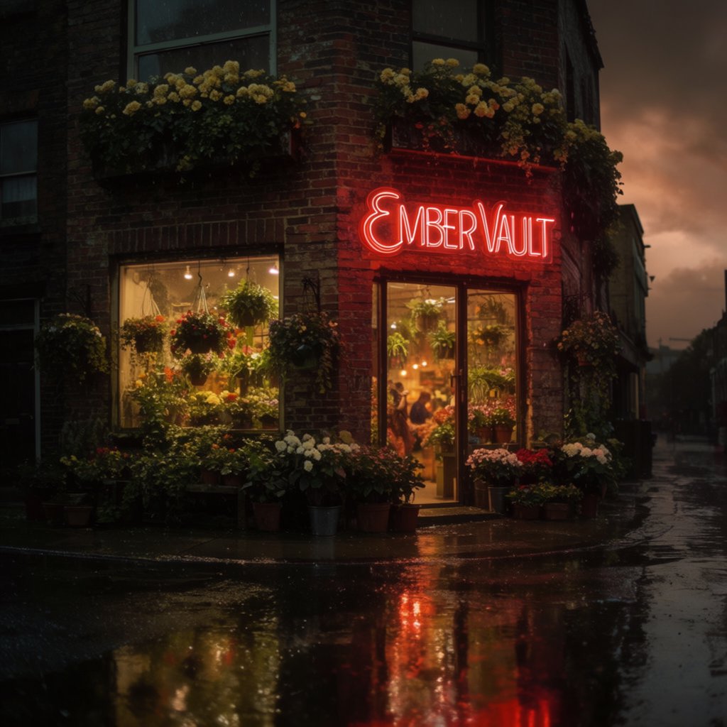 At dusk, a narrow flower shop with rain-dark brick, overflowing window boxes, and warm interior light; the invented name "EMBER VAULT" is rendered in red neon tubing above the entrance, reflected in puddles. — Krea 2 Large