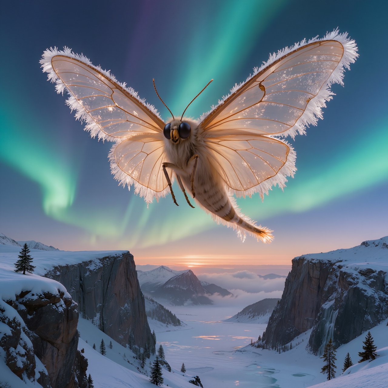A cathedral-sized mothlike creature glides above a frozen ravine, its translucent wings veined with amber light and fringed with frost. Tiny mountain pines cling to the cliffs as aurora colors ripple across the snow. — Kling v3