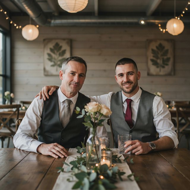 (Character1: rugby player body type, tall, brunet male, age 30, buzzcut hair and neatly groomed matching beard). Medium eye-level shot, photorealistic, two men seated at a wooden banquet table: the left middle-aged man wears a white dress shirt, charcoal waistcoat, and taupe tie, with his right arm on the table; the right man, Character1, smiles directly at the camera, wearing a white dress shirt, grey waistcoat, maroon tie, and a watch on his left wrist, with his left arm draped over the first man's shoulder. In the foreground: a table runner with eucalyptus sprigs, small fairy lights, a bottle holding flowers, a glass jar, and a water glass. Background: an exposed light horizontal wood plank wall with two decorative leaf panels, an exposed industrial ceiling with hanging paper lanterns, and fairy string lights. Warm, soft ambient overhead event lighting, natural indoor venue atmosphere, shallow depth of field. Art style: dramatic painterly realism with realistic skin texture, strong chiaroscuro, slightly gritty textured brushwork, fantasy illustration mood. — Ideogram v4