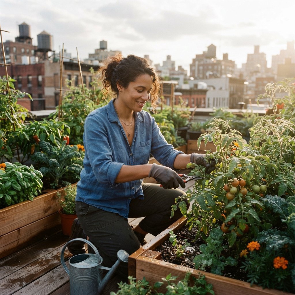Candid documentary photograph of an adult tending a rooftop vegetable garden in the late afternoon, soft side light, 50mm lens with moderate depth of field, water droplets glinting on freshly watered leaves. — Nano Banana 2 Lite
