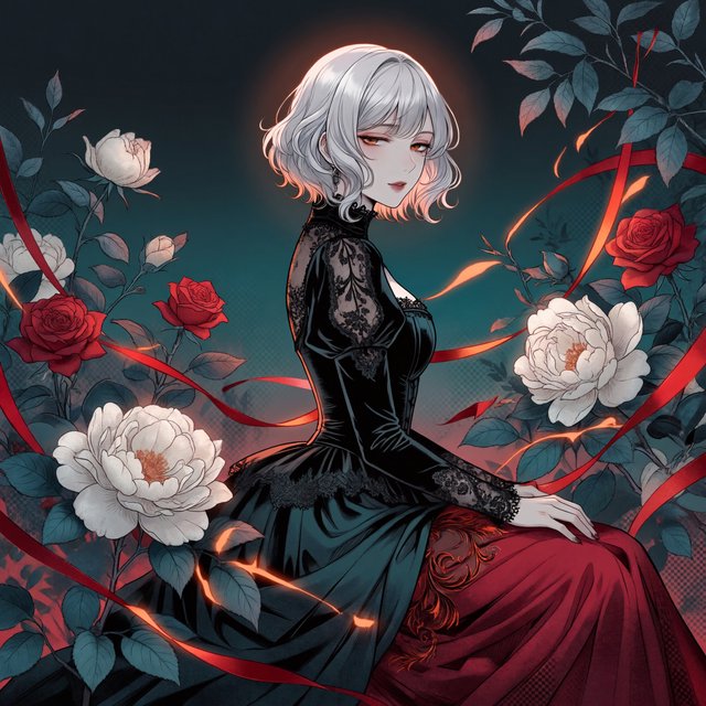 An elegant gothic woman sits sideways among oversized ivory blossoms, crimson roses, and dark teal foliage, turning toward the viewer with half-lidded amber eyes. She has a softly waved silver-white bob and a fitted black gown with lace, embroidered sleeves, and a sculpted corset. Deep-teal skirt folds reveal crimson lining and burnt-orange embroidery. Crimson ribbons with orange edging weave through the flowers, leaving breathing room around her pale face and hands. A deep-teal background fades into charcoal, with muted burnt-orange light behind her head, faint crimson haze below, and botanical shadows. Fine ordered dithering, delicate checkerboard patterns, and clustered pigment grains soften background transitions only; the woman and flowers remain smoothly painted. Crimson, deep teal, glowing orange, lacquer black, and warm ivory palette. Soft frontal fill, luminous hair, readable black fabric, subtle orange rim light, refined gothic anime, precise linework, dramatic floral framing — ImagineArt 2