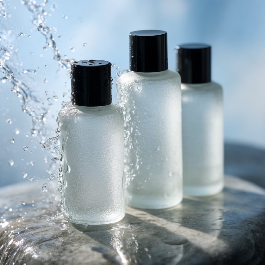 Three frosted glass skincare bottles on a wet stone surface with a splash of water, morning light, shallow depth of field. — Krea 2 Large